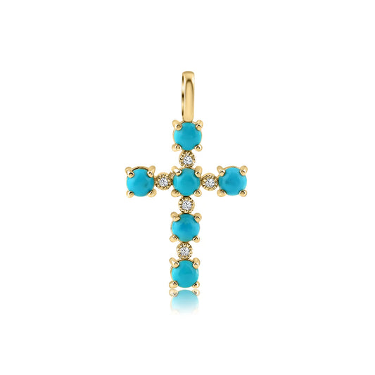 Diamond Cross Turquoise Pendant in 14K Yellow Gold