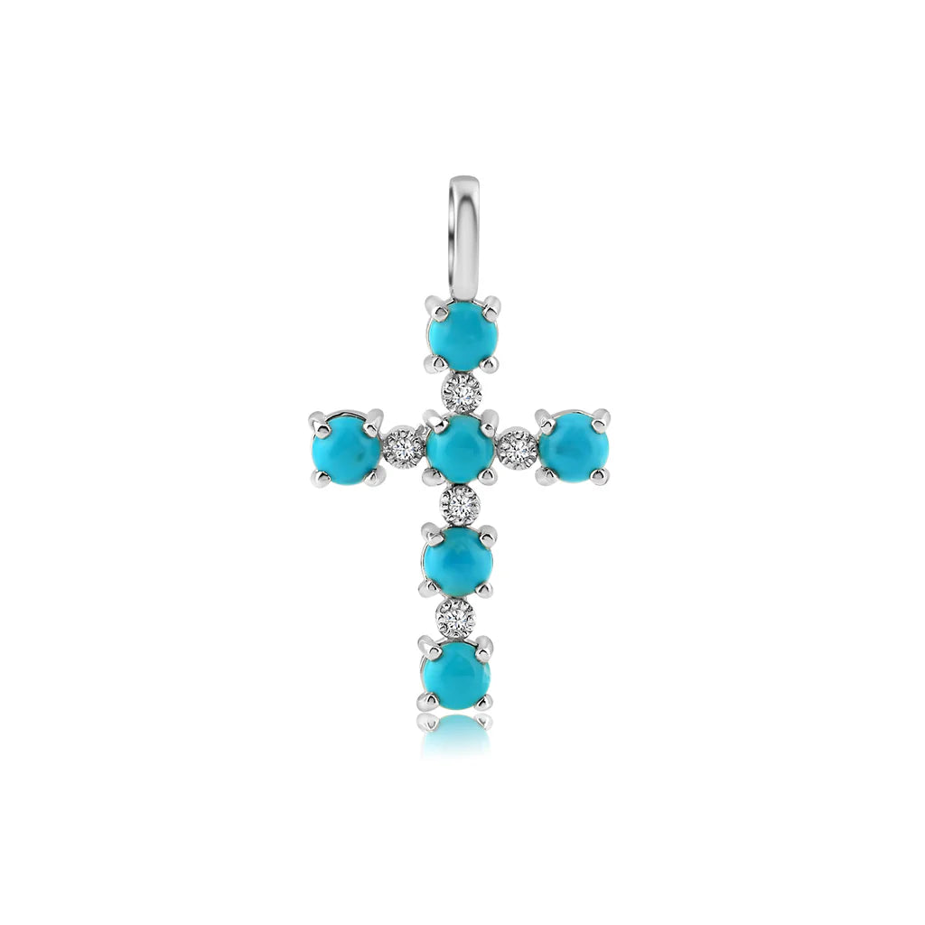 Diamond Cross Turquoise Pendant in 14K White gold