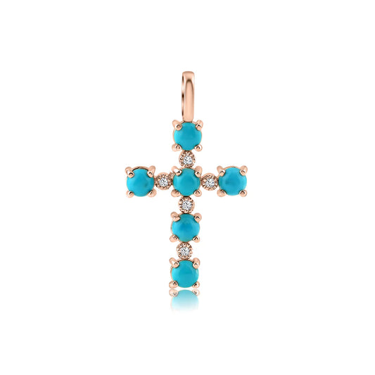 Diamond Cross Turquoise Pendant in 14K Rose Gold