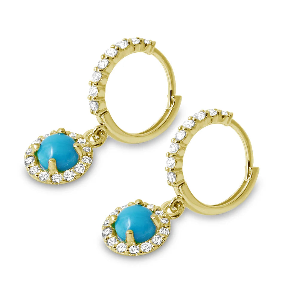 .74ct Diamond Dangle Turquoise Earrings in 14K Yellow Gold