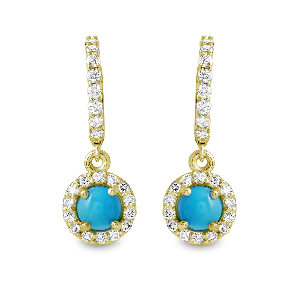 .74ct Diamond Dangle Turquoise Earrings in 14K Yellow Gold