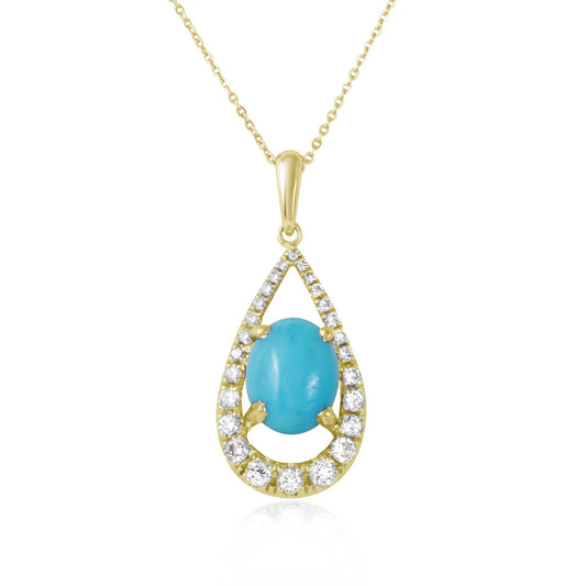 1.42ct Turquoise Drop Pendant with .36ct Diamonds in 14K Yellow Gold